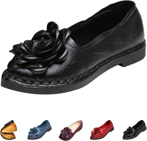 Women's Leather Pointed-Toe Slip On Dress Shoes,Vintage Handmade Flower Comfort Ox Softsole Casual Dating Flat Loafers