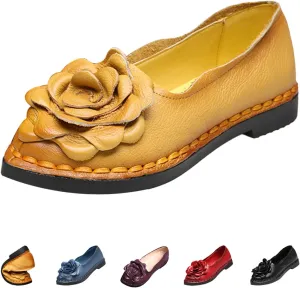 Women's Leather Pointed-Toe Slip On Dress Shoes,Vintage Handmade Flower Comfort Ox Softsole Casual Dating Flat Loafers