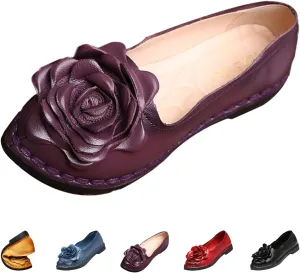Women's Leather Pointed-Toe Slip On Dress Shoes,Vintage Handmade Flower Comfort Ox Softsole Casual Dating Flat Loafers
