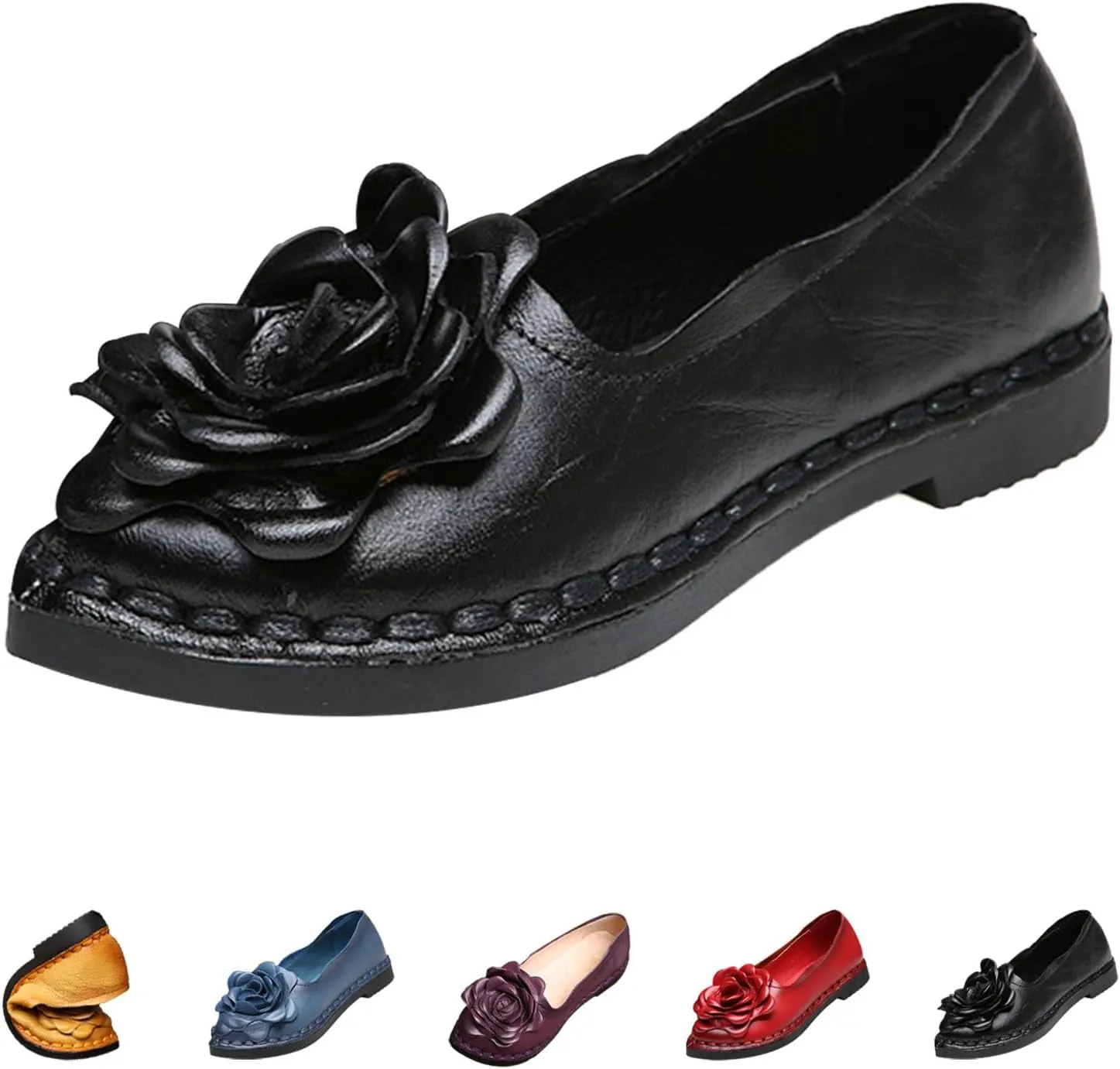 Women's Leather Pointed-Toe Slip On Dress Shoes,Vintage Handmade Flower Comfort Ox Softsole Casual Dating Flat Loafers