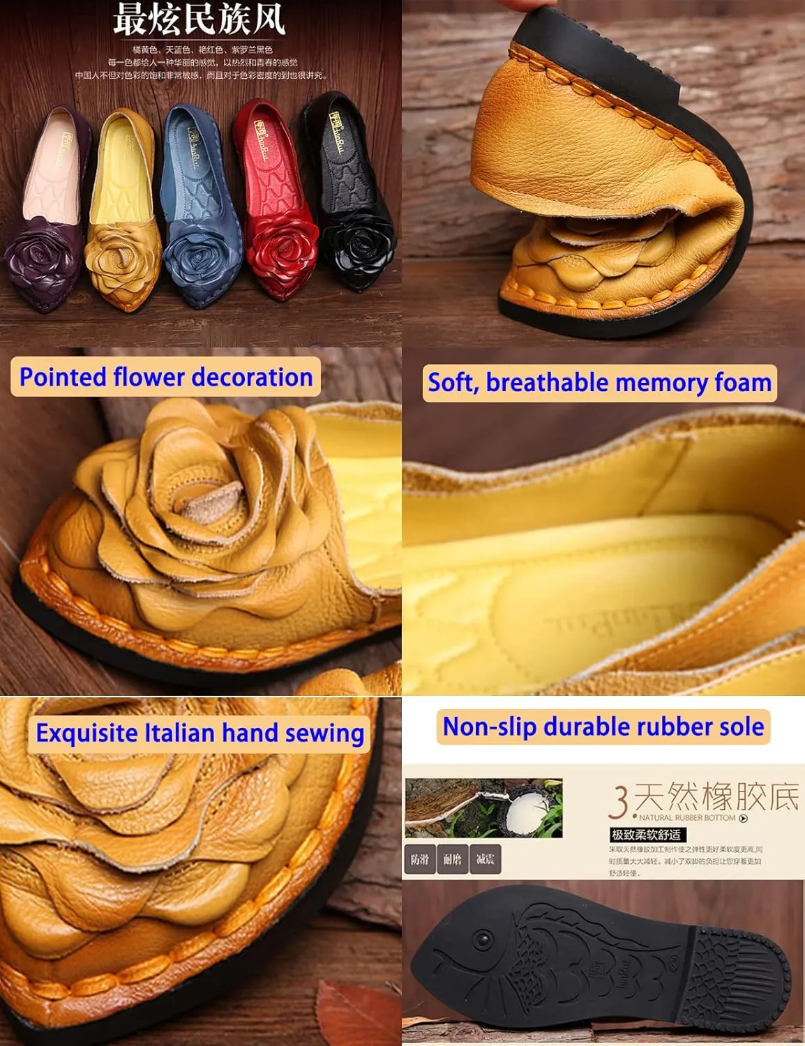 Women's Leather Pointed-Toe Slip On Dress Shoes,Vintage Handmade Flower Comfort Ox Softsole Casual Dating Flat Loafers