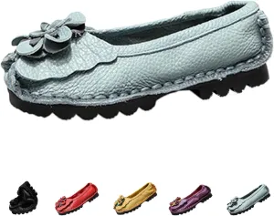 Women's Leather Slip On Dress Shoes,Vintage Comfort Handmade Cute Bow Softsole Walking Casual Flat Ballet Loafers