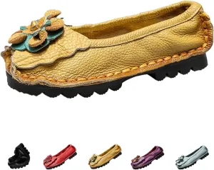 Women's Leather Slip On Dress Shoes,Vintage Comfort Handmade Cute Bow Softsole Walking Casual Flat Ballet Loafers