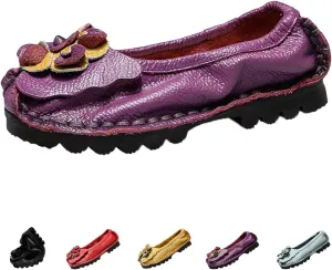 Women's Leather Slip On Dress Shoes,Vintage Comfort Handmade Cute Bow Softsole Walking Casual Flat Ballet Loafers