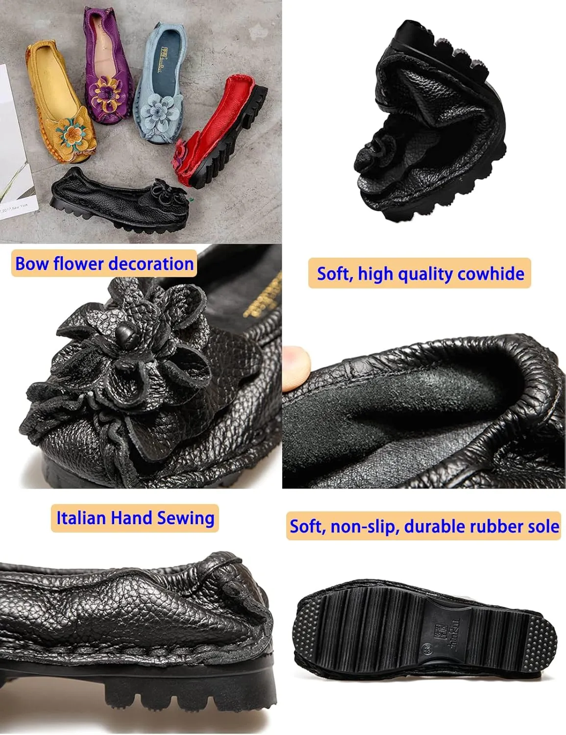 Women's Leather Slip On Dress Shoes,Vintage Comfort Handmade Cute Bow Softsole Walking Casual Flat Ballet Loafers