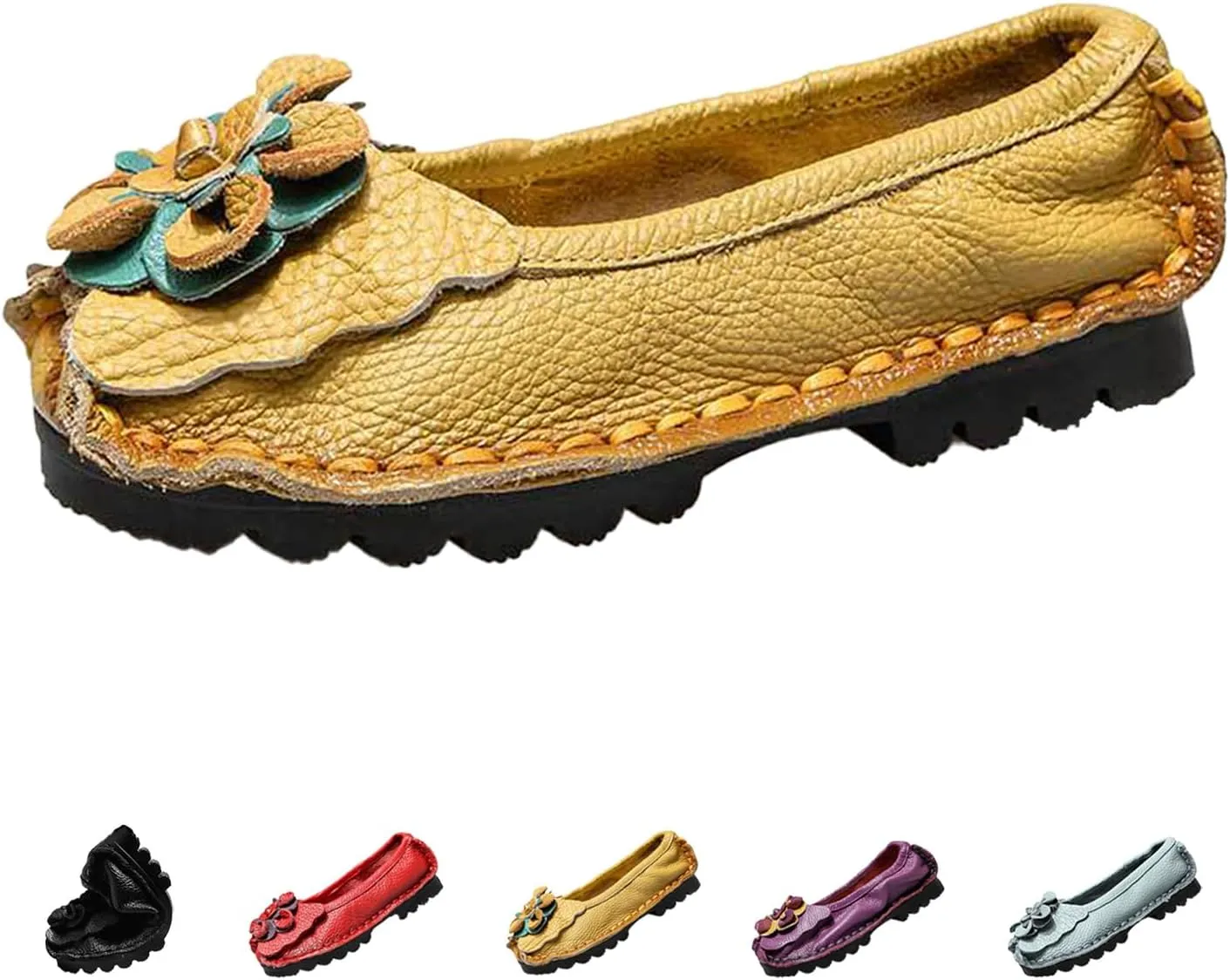 Women's Leather Slip On Dress Shoes,Vintage Comfort Handmade Cute Bow Softsole Walking Casual Flat Ballet Loafers