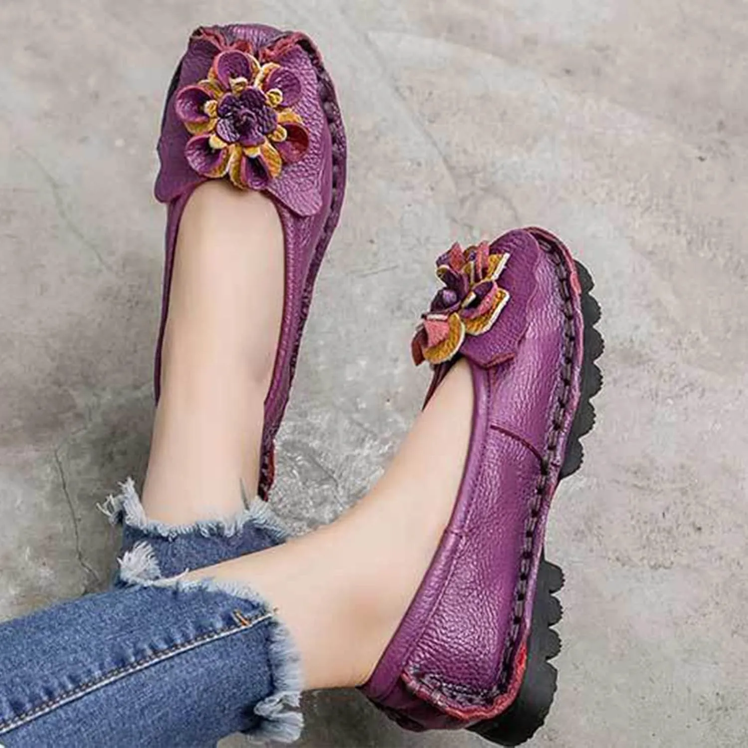 Women's Leather Slip On Dress Shoes,Vintage Comfort Handmade Cute Bow Softsole Walking Casual Flat Ballet Loafers
