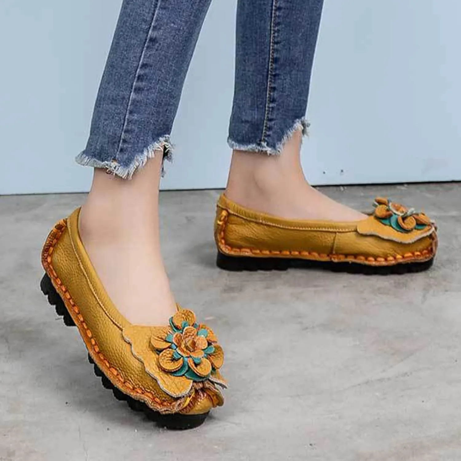 Women's Leather Slip On Dress Shoes,Vintage Comfort Handmade Cute Bow Softsole Walking Casual Flat Ballet Loafers