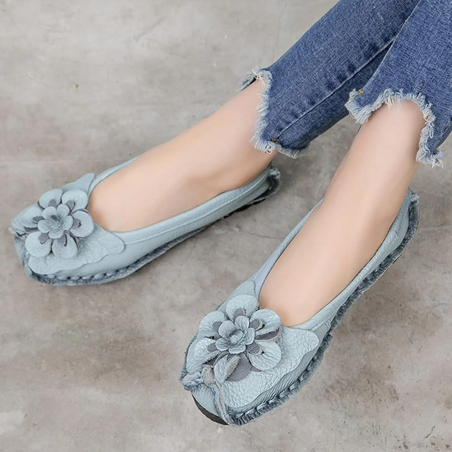 Women's Leather Slip On Dress Shoes,Vintage Comfort Handmade Cute Bow Softsole Walking Casual Flat Ballet Loafers