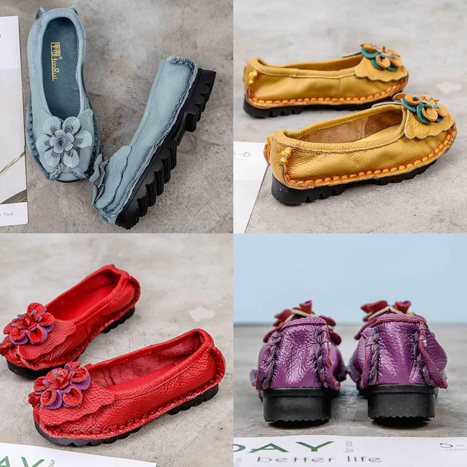 Women's Leather Slip On Dress Shoes,Vintage Comfort Handmade Cute Bow Softsole Walking Casual Flat Ballet Loafers