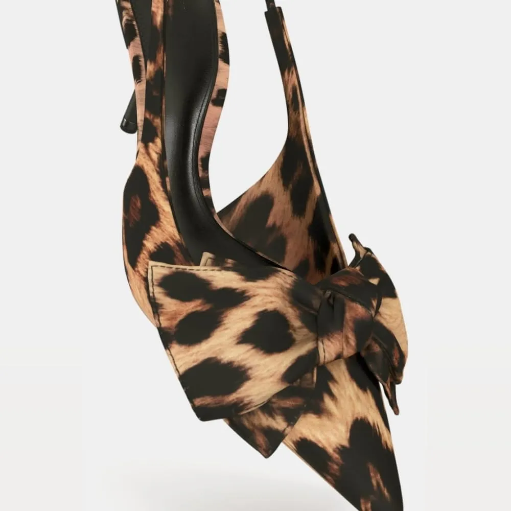 Women's Leopard Slingback Pumps Bow Knot Closed Pointy Toe Kitten Heels for Women Animal Print Backless Slip On Slingback Sandals