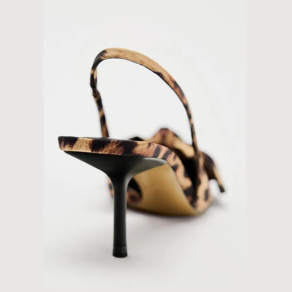 Women's Leopard Slingback Pumps Bow Knot Closed Pointy Toe Kitten Heels for Women Animal Print Backless Slip On Slingback Sandals