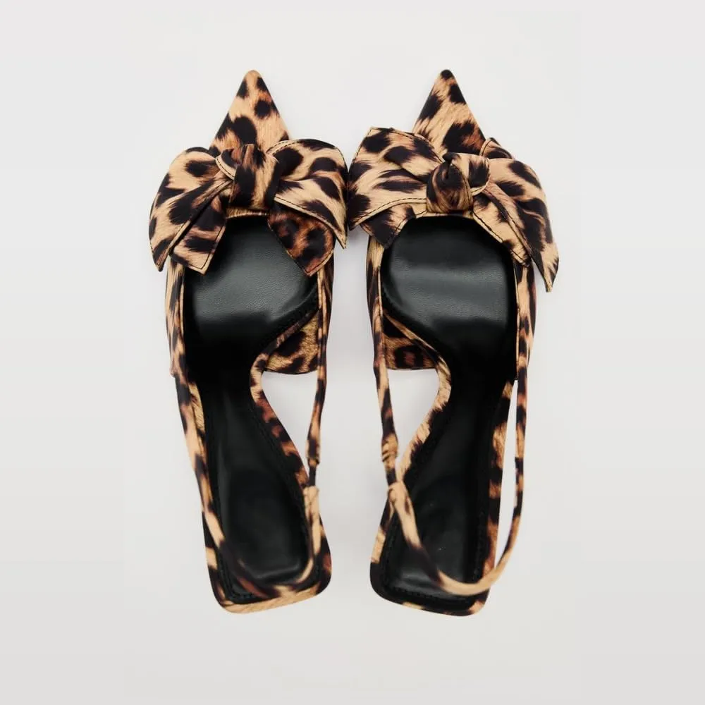 Women's Leopard Slingback Pumps Bow Knot Closed Pointy Toe Kitten Heels for Women Animal Print Backless Slip On Slingback Sandals