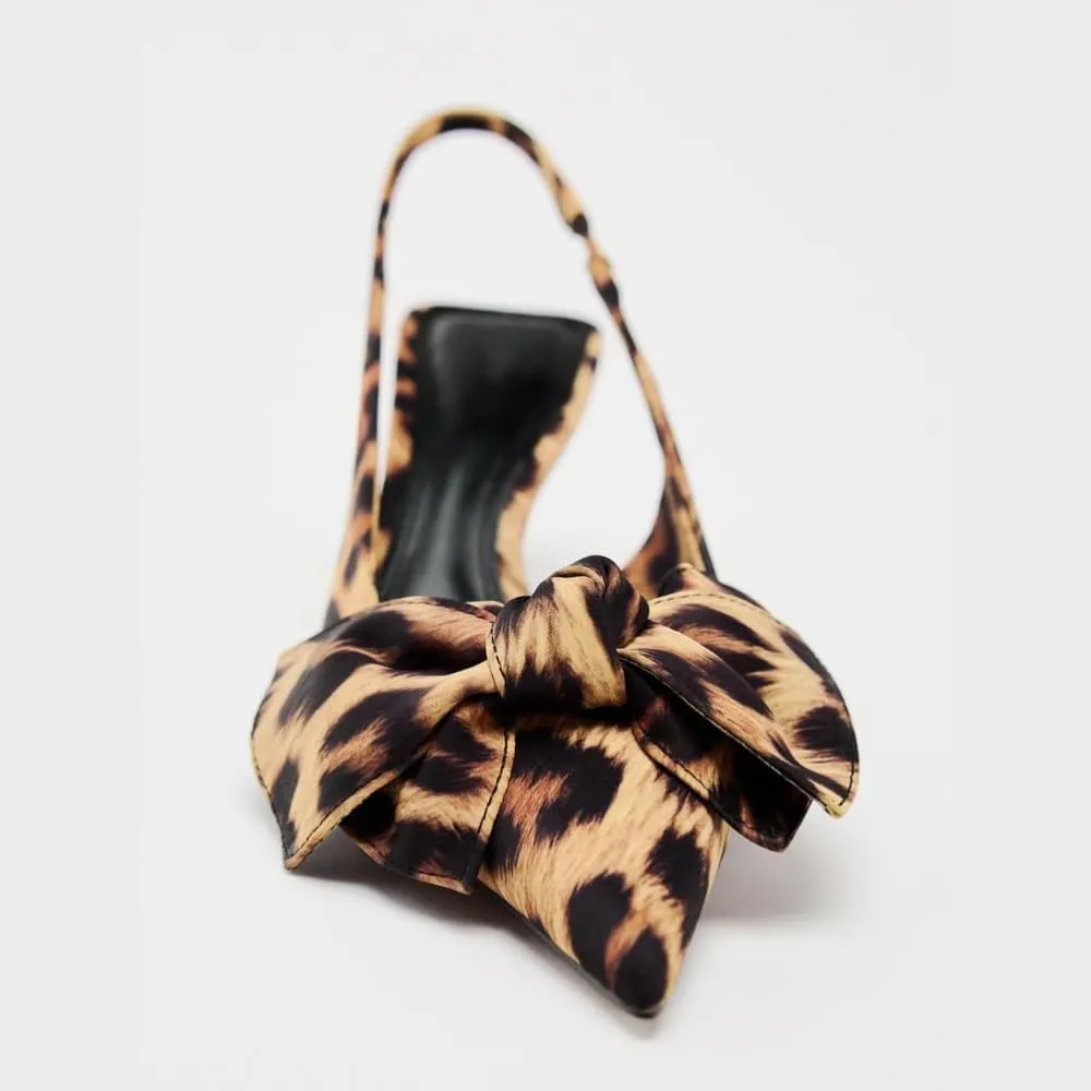 Women's Leopard Slingback Pumps Bow Knot Closed Pointy Toe Kitten Heels for Women Animal Print Backless Slip On Slingback Sandals