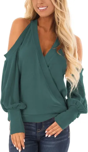 Women's Long Sleeve Tops Sexy Casual Cold Shoulder Tunic Shirts Wrap v Neck Halter Blouses Going Out