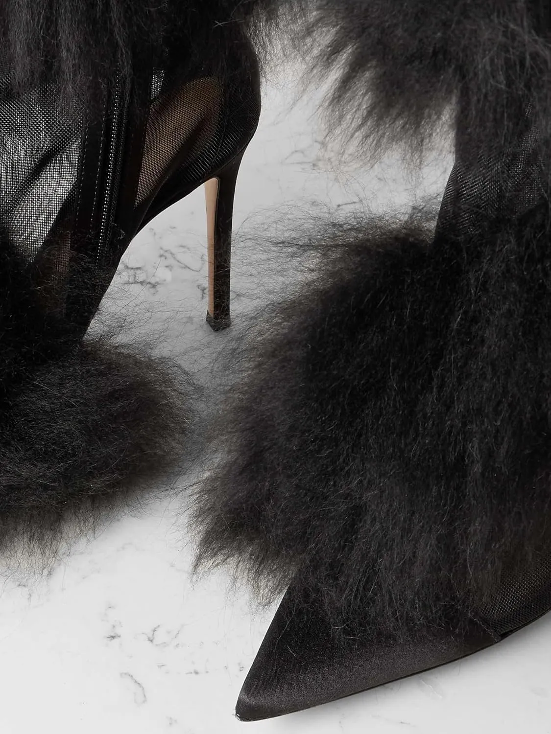 Women's Mesh Knee High Boots With Faux Fur-Trimmed Pointy Toe Stiletto Heel Satin Thigh Boots Side Zipper Sexy Party Dress Tall Boots