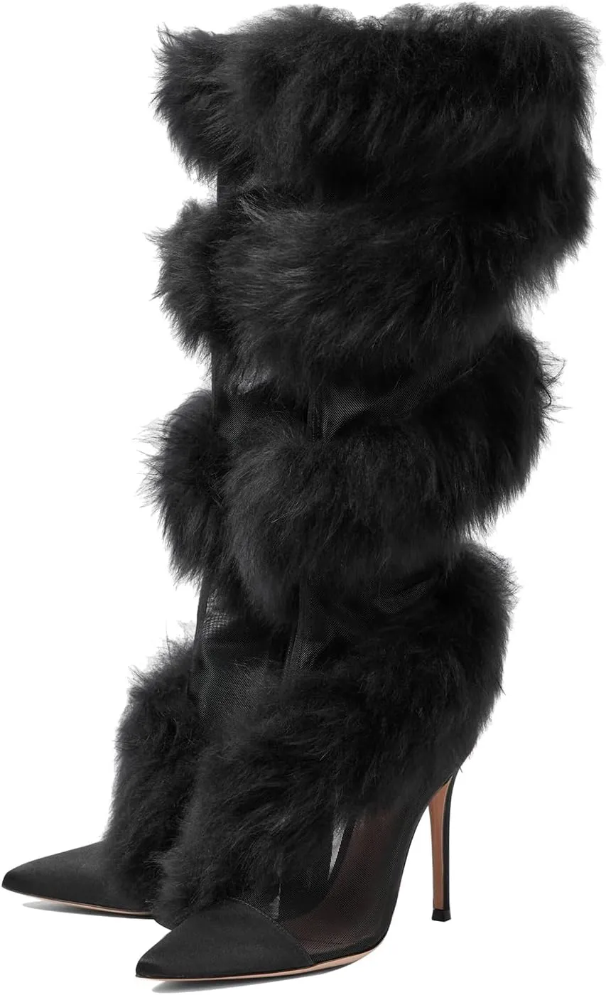 Women's Mesh Knee High Boots With Faux Fur-Trimmed Pointy Toe Stiletto Heel Satin Thigh Boots Side Zipper Sexy Party Dress Tall Boots