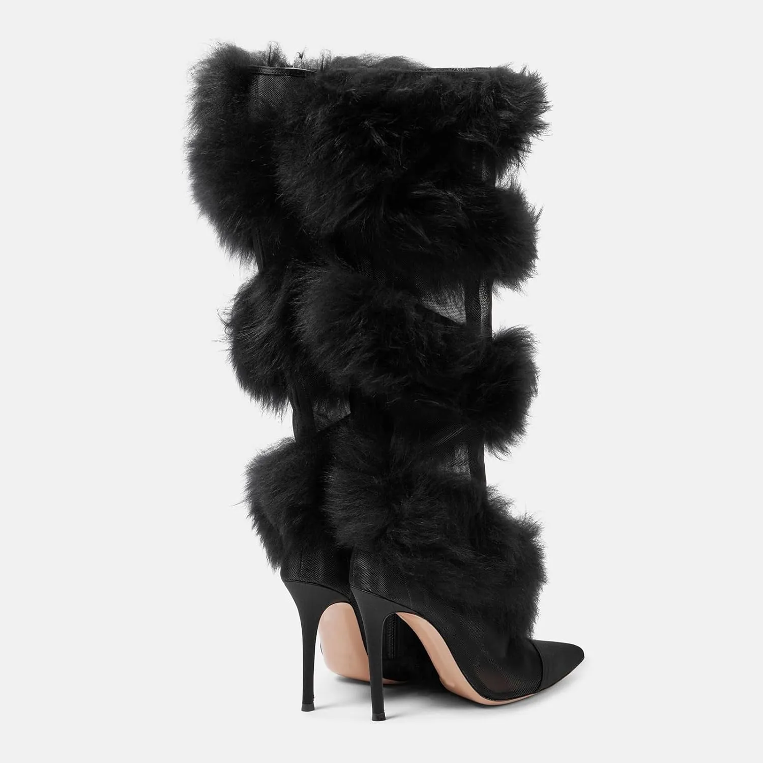 Women's Mesh Knee High Boots With Faux Fur-Trimmed Pointy Toe Stiletto Heel Satin Thigh Boots Side Zipper Sexy Party Dress Tall Boots