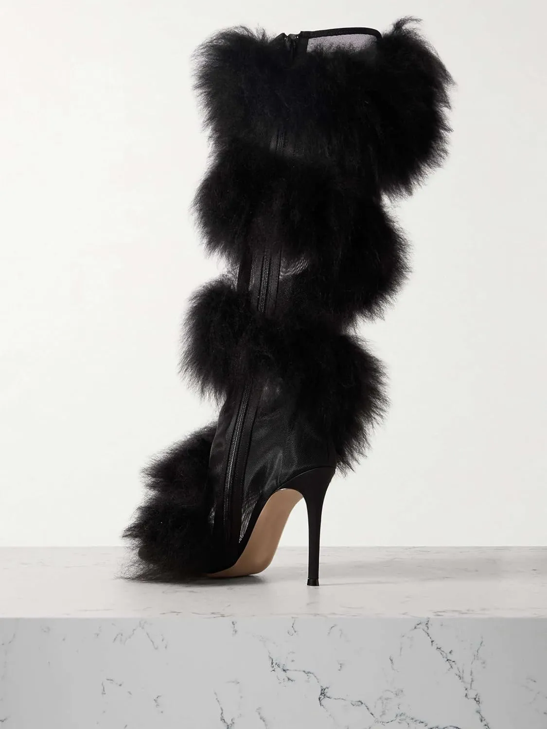 Women's Mesh Knee High Boots With Faux Fur-Trimmed Pointy Toe Stiletto Heel Satin Thigh Boots Side Zipper Sexy Party Dress Tall Boots