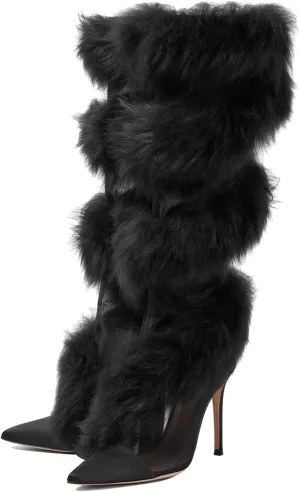 Women's Mesh Knee High Boots With Faux Fur-Trimmed Pointy Toe Stiletto Heel Satin Thigh Boots Side Zipper Sexy Party Dress Tall Boots