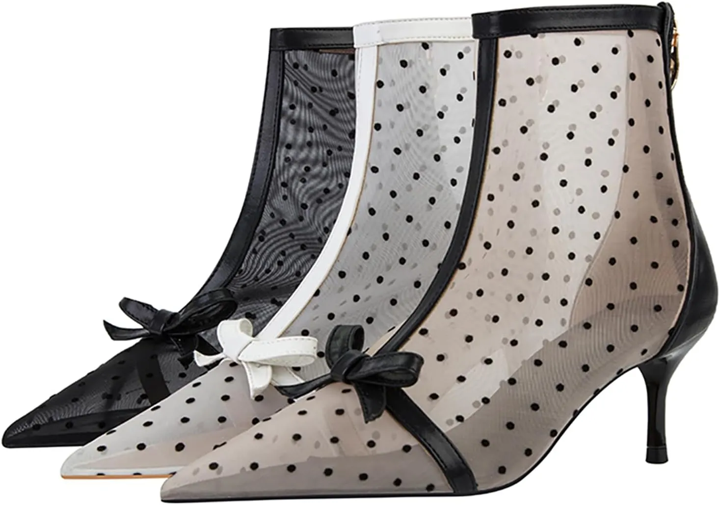 Women's Mesh Pointed Toe Stiletto Polka Dots Ankle Boots Sexy mid High heel bow summer breathe Party prom Dress short Boots