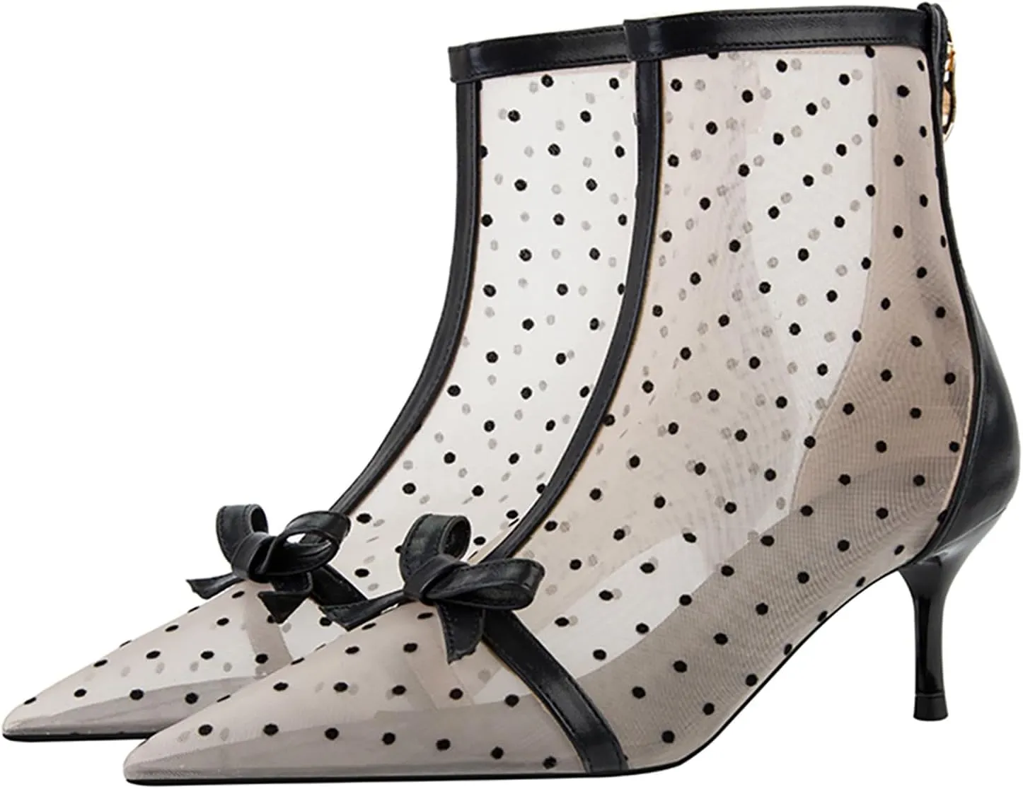 Women's Mesh Pointed Toe Stiletto Polka Dots Ankle Boots Sexy mid High heel bow summer breathe Party prom Dress short Boots