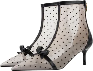 Women's Mesh Pointed Toe Stiletto Polka Dots Ankle Boots Sexy mid High heel bow summer breathe Party prom Dress short Boots