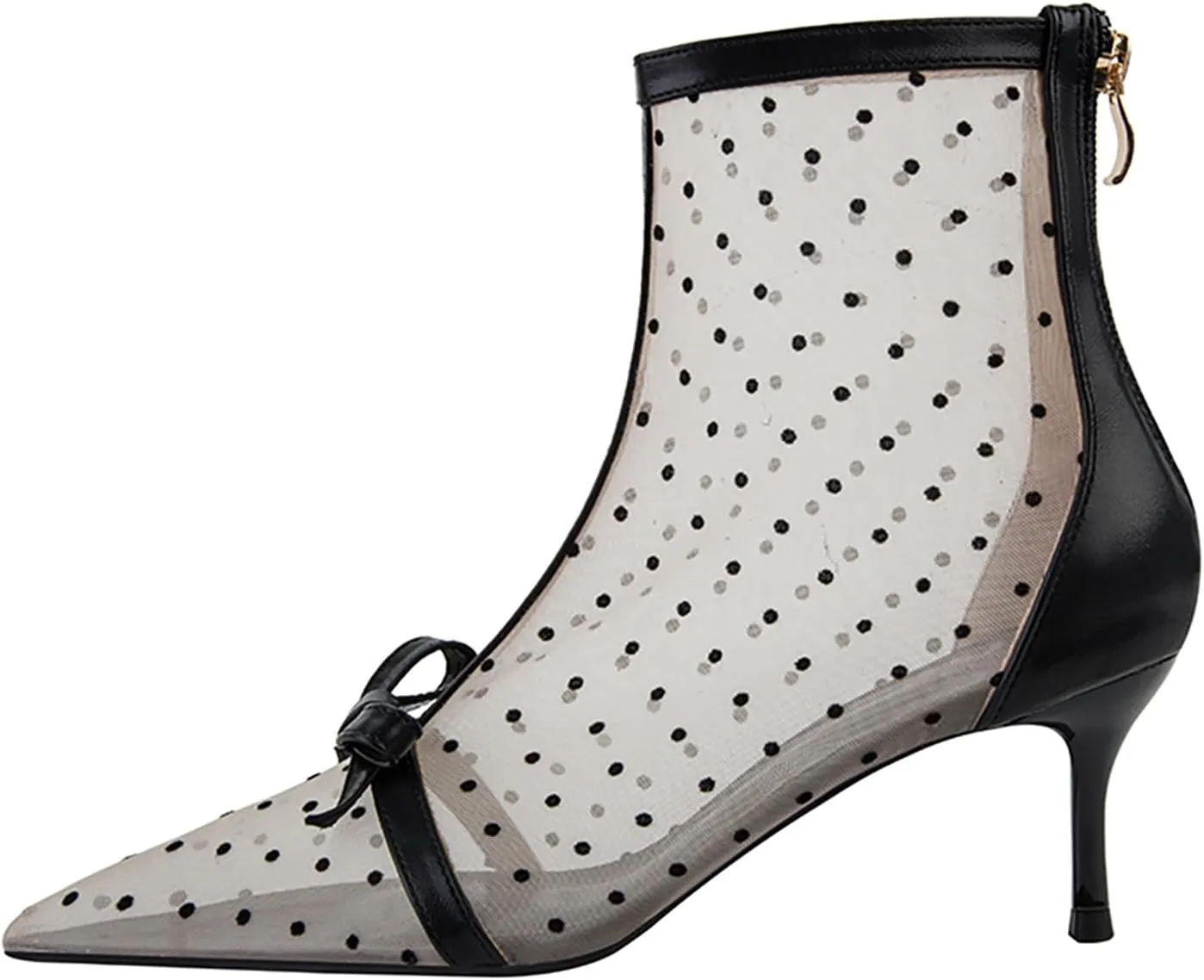 Women's Mesh Pointed Toe Stiletto Polka Dots Ankle Boots Sexy mid High heel bow summer breathe Party prom Dress short Boots
