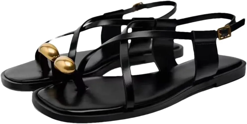 Women's Metal Big Toe Ring Flat Sandals Square Toe Open Toe Strap Flats Summer Casual Sandals