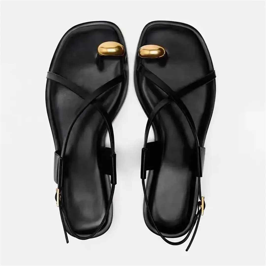 Women's Metal Big Toe Ring Flat Sandals Square Toe Open Toe Strap Flats Summer Casual Sandals