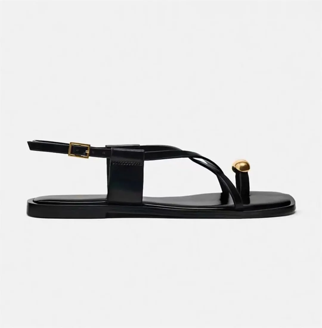 Women's Metal Big Toe Ring Flat Sandals Square Toe Open Toe Strap Flats Summer Casual Sandals