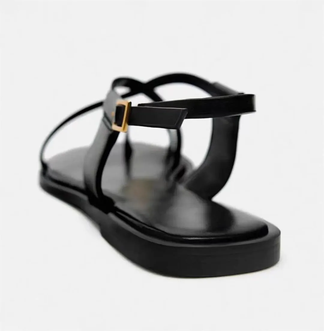 Women's Metal Big Toe Ring Flat Sandals Square Toe Open Toe Strap Flats Summer Casual Sandals