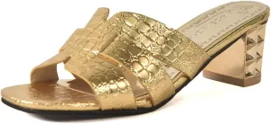 Women's Metallic Gold Slip-On Sandals, Crocodile Pattern, Block Heel with Studded Design