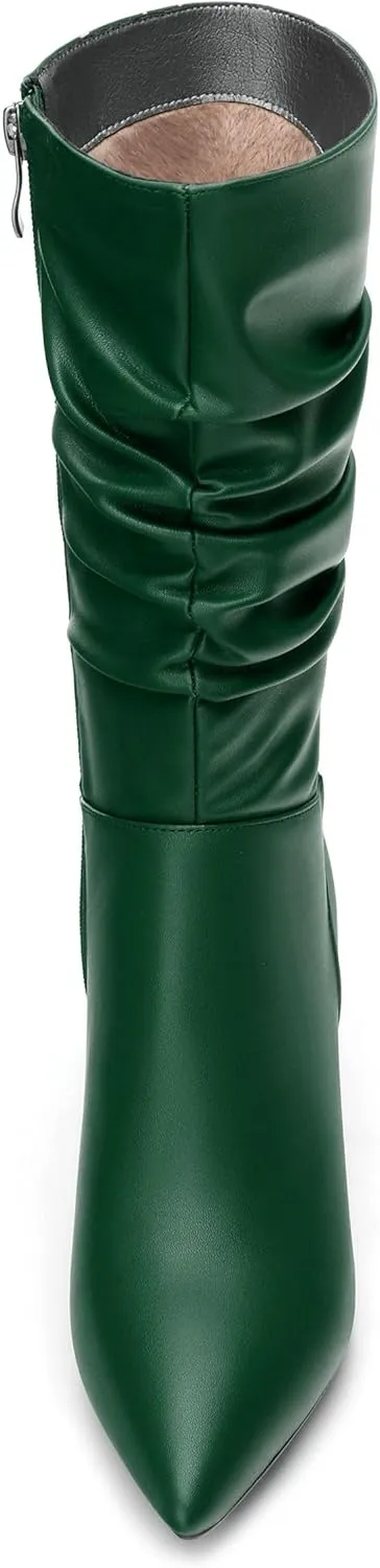 Women's Mid Calf Boots Matte Ruched Kitten High Heel Booties Sexy Pointed Toe Zipper Fashion Dressy Boots 2.5 Inch