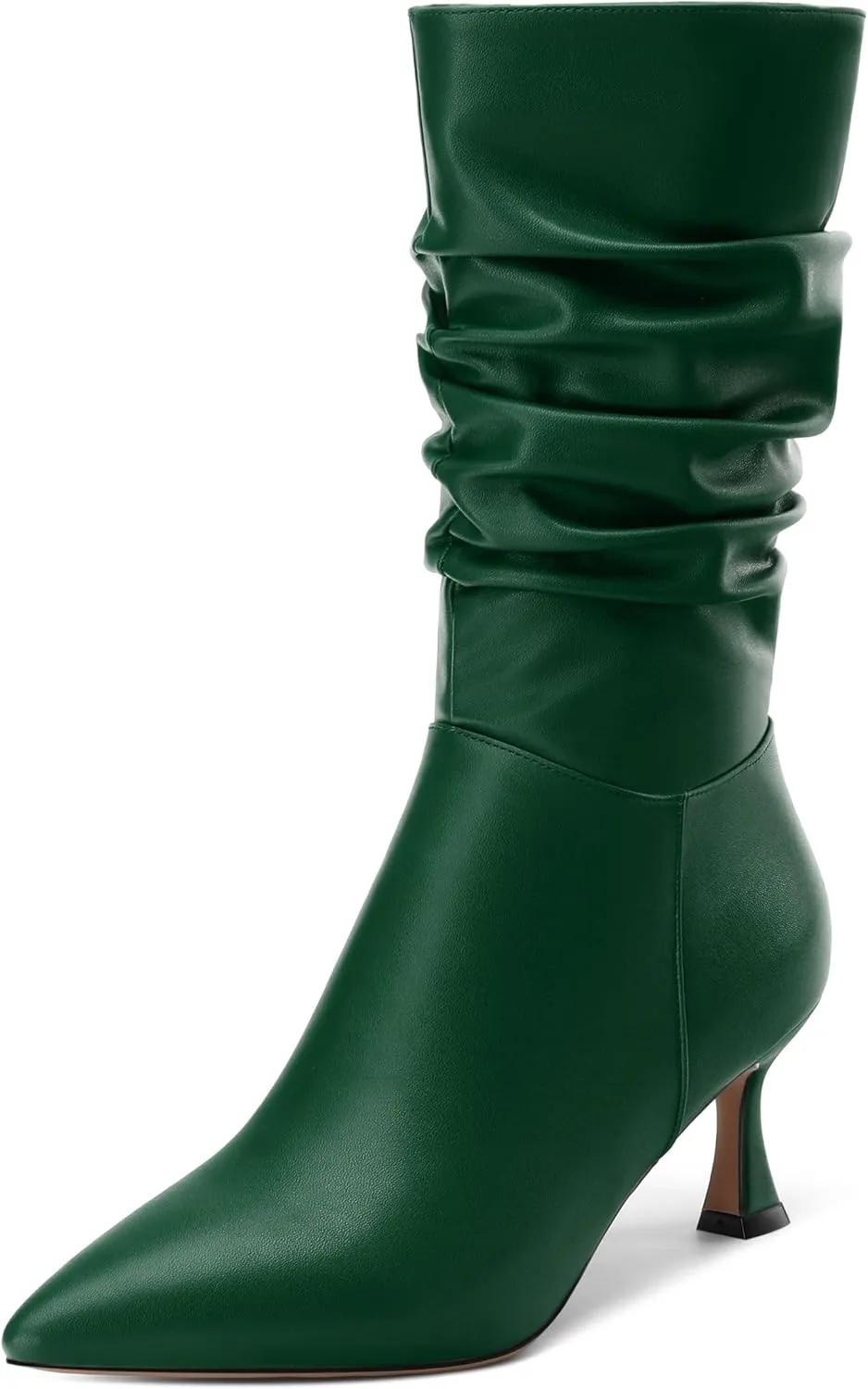 Women's Mid Calf Boots Matte Ruched Kitten High Heel Booties Sexy Pointed Toe Zipper Fashion Dressy Boots 2.5 Inch