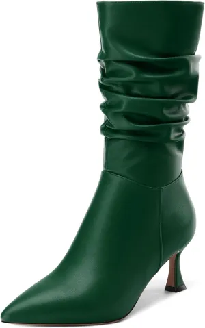 Women's Mid Calf Boots Matte Ruched Kitten High Heel Booties Sexy Pointed Toe Zipper Fashion Dressy Boots 2.5 Inch