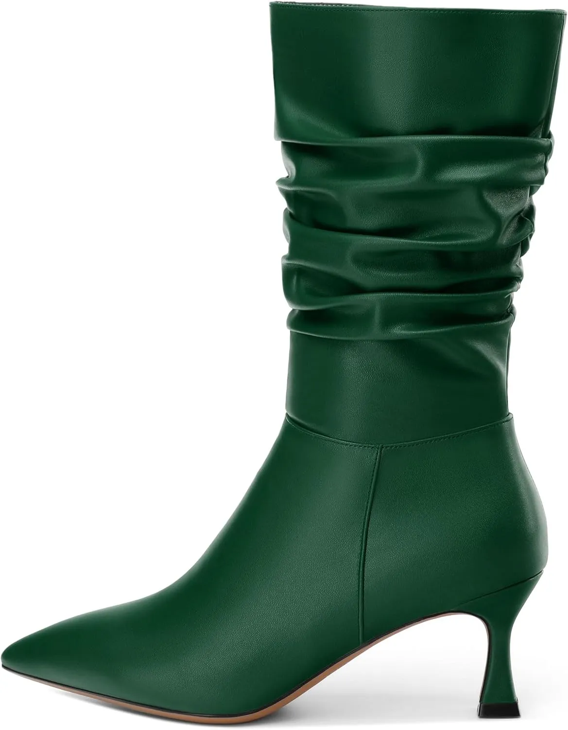 Women's Mid Calf Boots Matte Ruched Kitten High Heel Booties Sexy Pointed Toe Zipper Fashion Dressy Boots 2.5 Inch