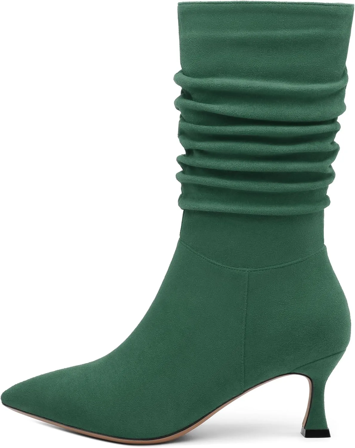 Women's Mid Calf Boots Suede Ruched Kitten High Heel Booties Sexy Pointed Toe Zipper Autumn Winter Fashion Dressy Boots 2.5 Inch