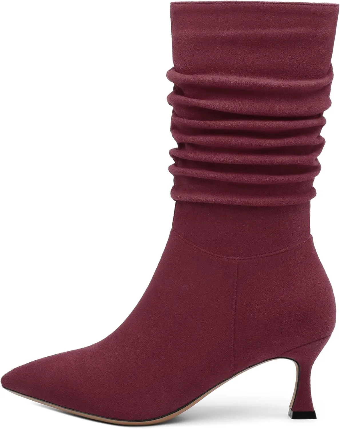 Women's Mid Calf Boots Suede Ruched Kitten High Heel Booties Sexy Pointed Toe Zipper Autumn Winter Fashion Dressy Boots 2.5 Inch