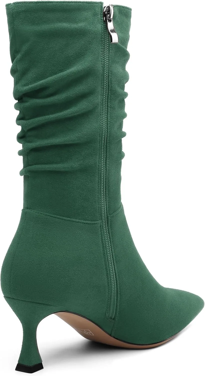 Women's Mid Calf Boots Suede Ruched Kitten High Heel Booties Sexy Pointed Toe Zipper Autumn Winter Fashion Dressy Boots 2.5 Inch