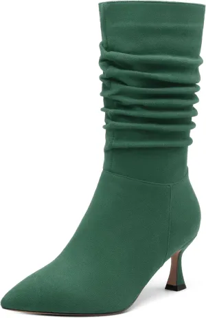 Women's Mid Calf Boots Suede Ruched Kitten High Heel Booties Sexy Pointed Toe Zipper Autumn Winter Fashion Dressy Boots 2.5 Inch