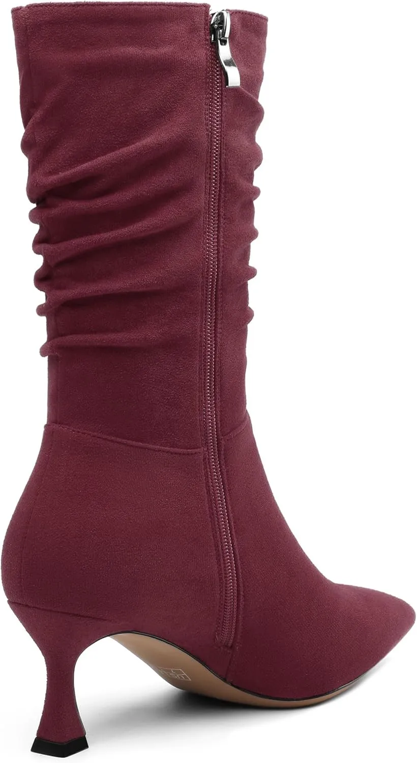 Women's Mid Calf Boots Suede Ruched Kitten High Heel Booties Sexy Pointed Toe Zipper Autumn Winter Fashion Dressy Boots 2.5 Inch