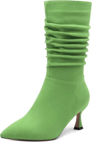 Women's Mid Calf Boots Suede Ruched Kitten High Heel Booties Sexy Pointed Toe Zipper Autumn Winter Fashion Dressy Boots 2.5 Inch