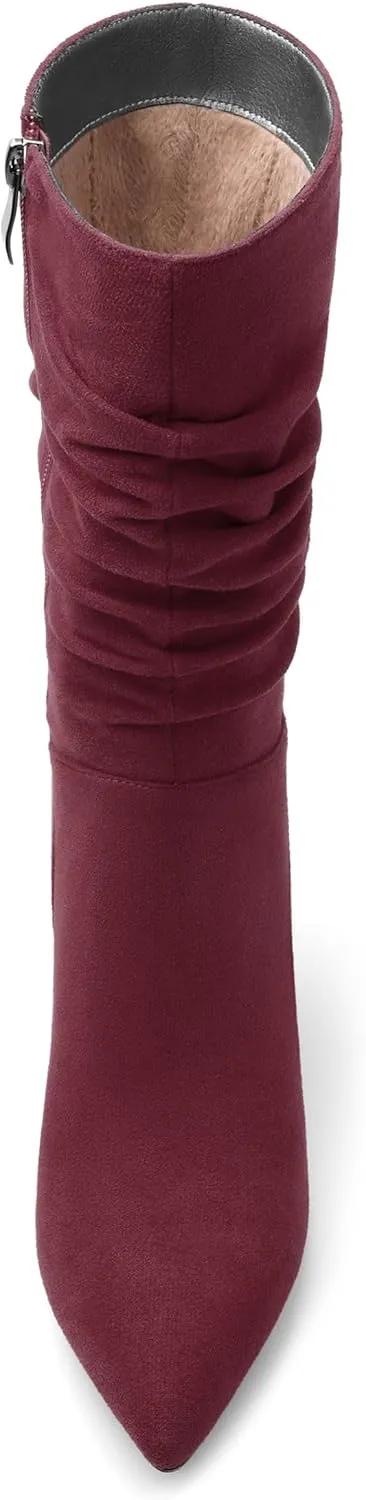 Women's Mid Calf Boots Suede Ruched Kitten High Heel Booties Sexy Pointed Toe Zipper Autumn Winter Fashion Dressy Boots 2.5 Inch