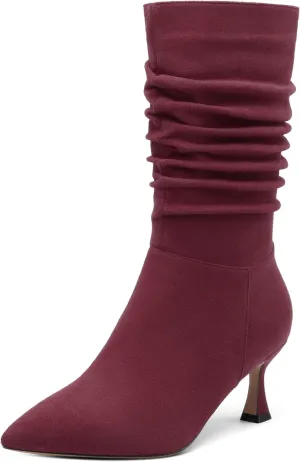Women's Mid Calf Boots Suede Ruched Kitten High Heel Booties Sexy Pointed Toe Zipper Autumn Winter Fashion Dressy Boots 2.5 Inch