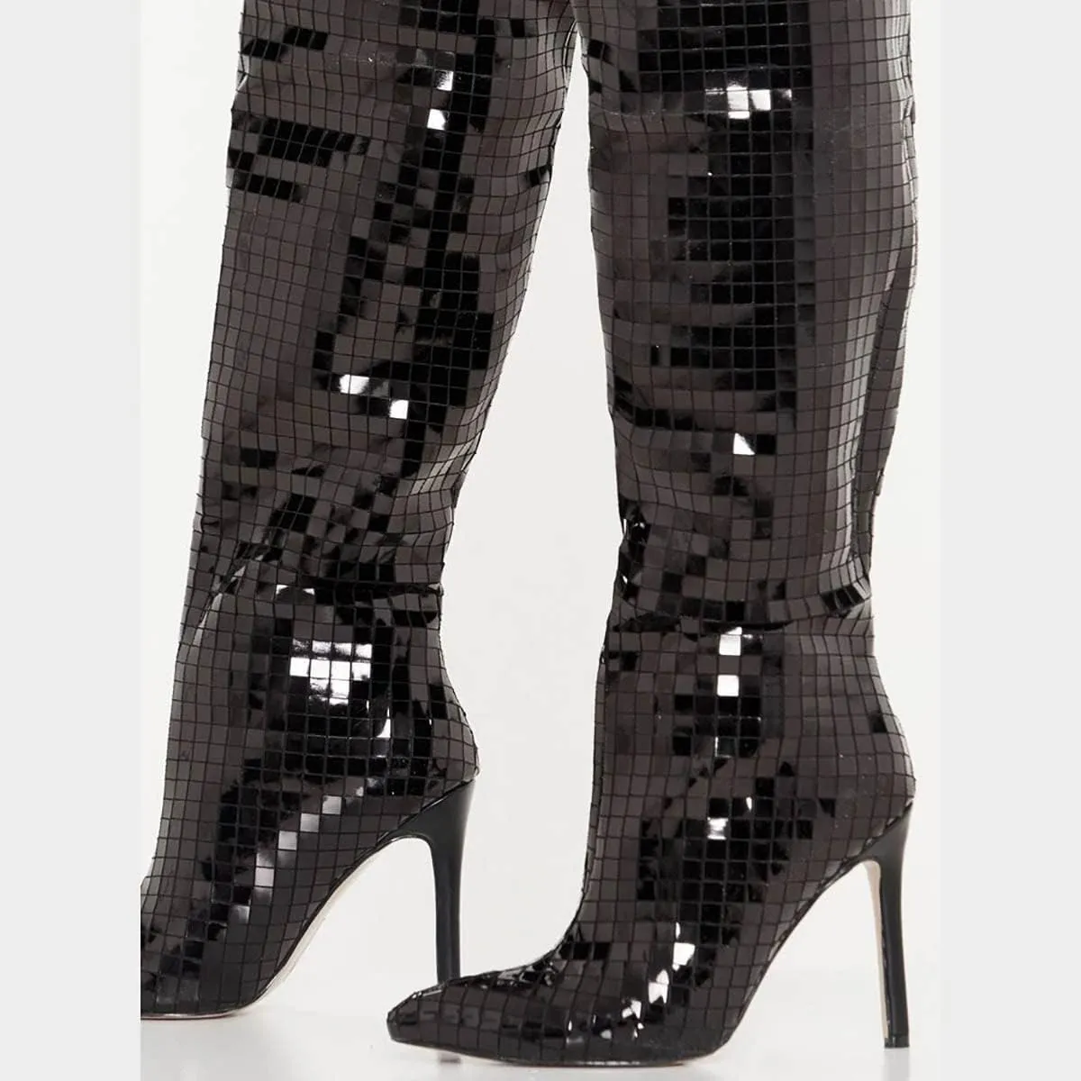 Women's Mirror Leather Knee High Boots Sexy Pointed Toe Stiletto Heel Shiny Long Boot Party Dress Shoes