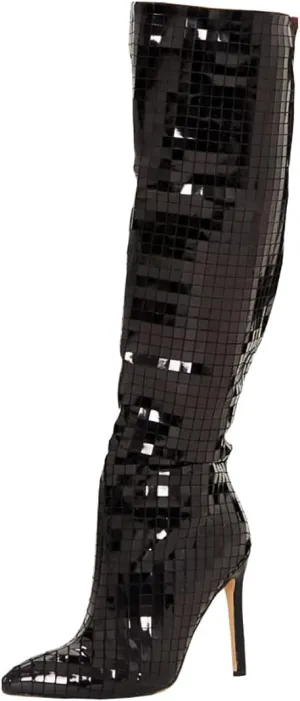 Women's Mirror Leather Knee High Boots Sexy Pointed Toe Stiletto Heel Shiny Long Boot Party Dress Shoes