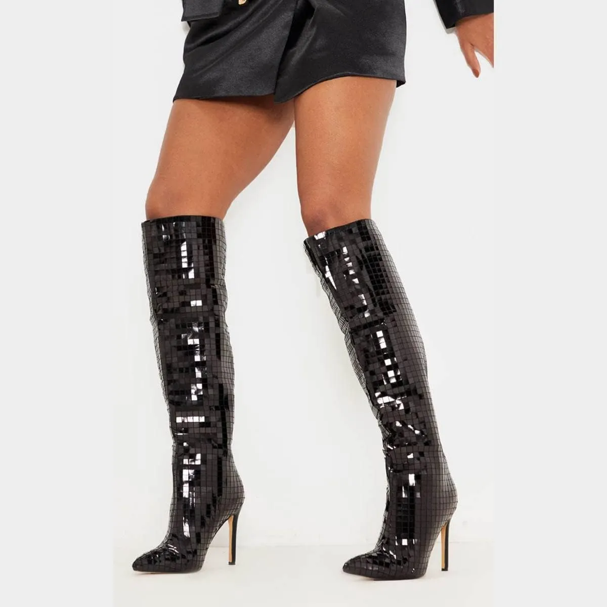 Women's Mirror Leather Knee High Boots Sexy Pointed Toe Stiletto Heel Shiny Long Boot Party Dress Shoes