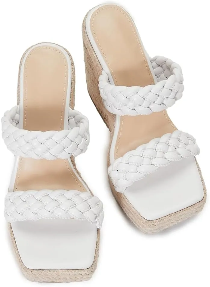 Women's Open Toe Espadrilles Wedge Sandals Slip On Braided Two Straps Platform High Heel Dress Sandal