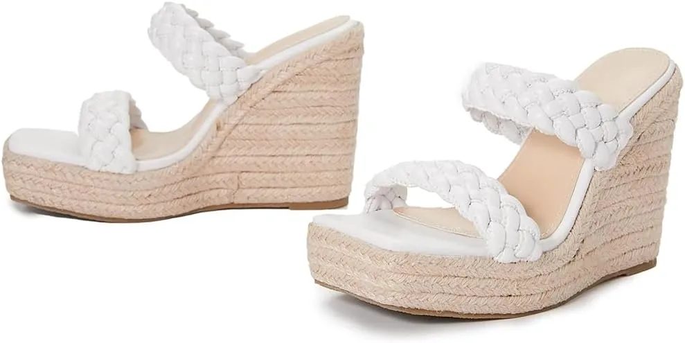 Women's Open Toe Espadrilles Wedge Sandals Slip On Braided Two Straps Platform High Heel Dress Sandal